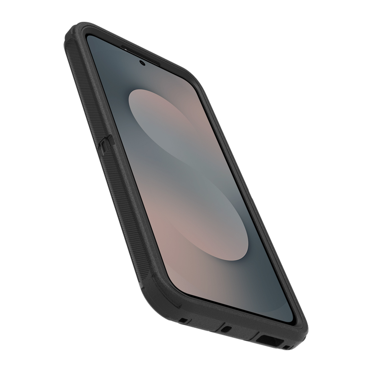 Un téléphone noir avec un étui de protection est légèrement incliné. L'écran affiche une image floue. L'étui a des côtés texturés et un cadre noir.