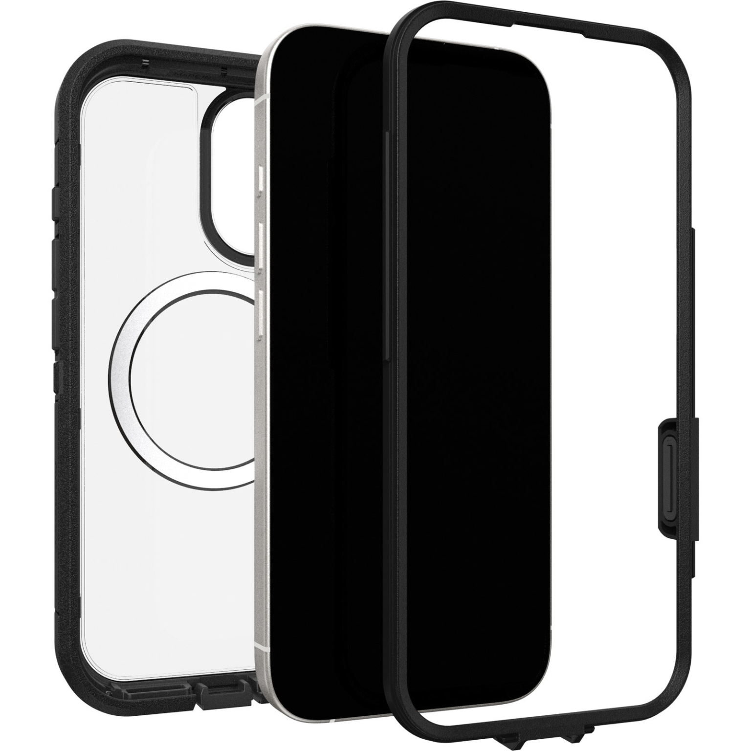 Ein zerlegtes Handycase. Es besteht aus einem schwarzen Rahmen, einer transparenten Schutzschicht und einem schwarzen, telefonförmigen Element.