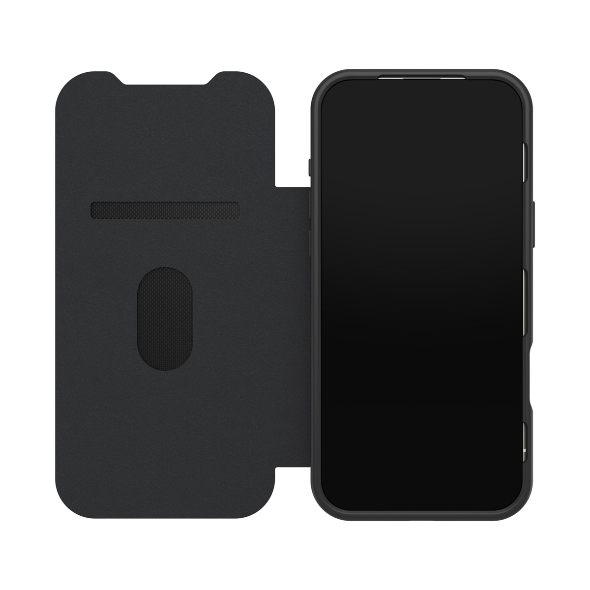 Een zwarte telefoonhoes met een flipcover is open, met een zwart scherm. De cover heeft een kaartsleuf.