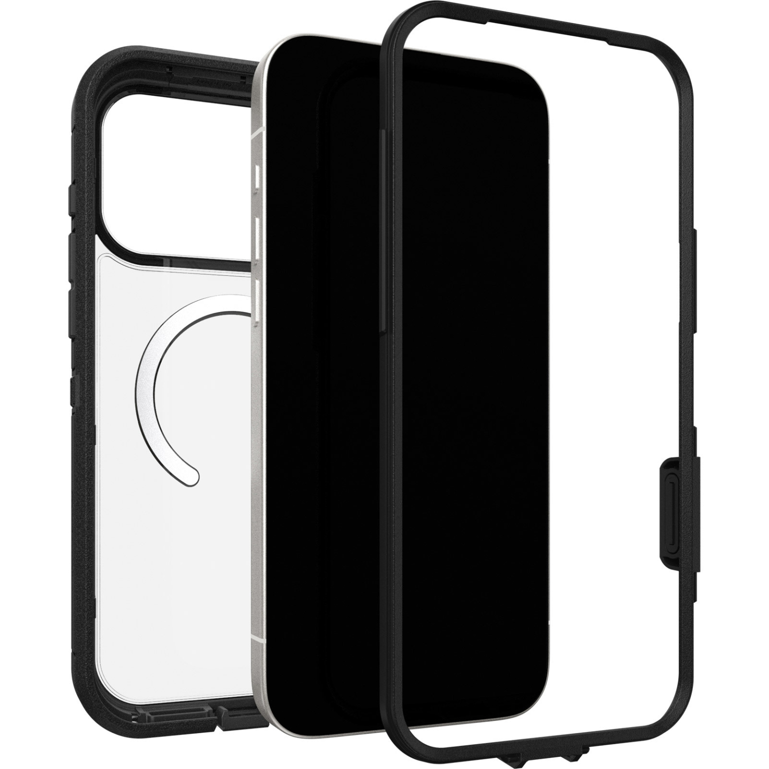 Een gedemonteerde telefoonhoes met een zwart frame en een transparante achterkant. Het zwarte scherm van de telefoon is gedeeltelijk zichtbaar.