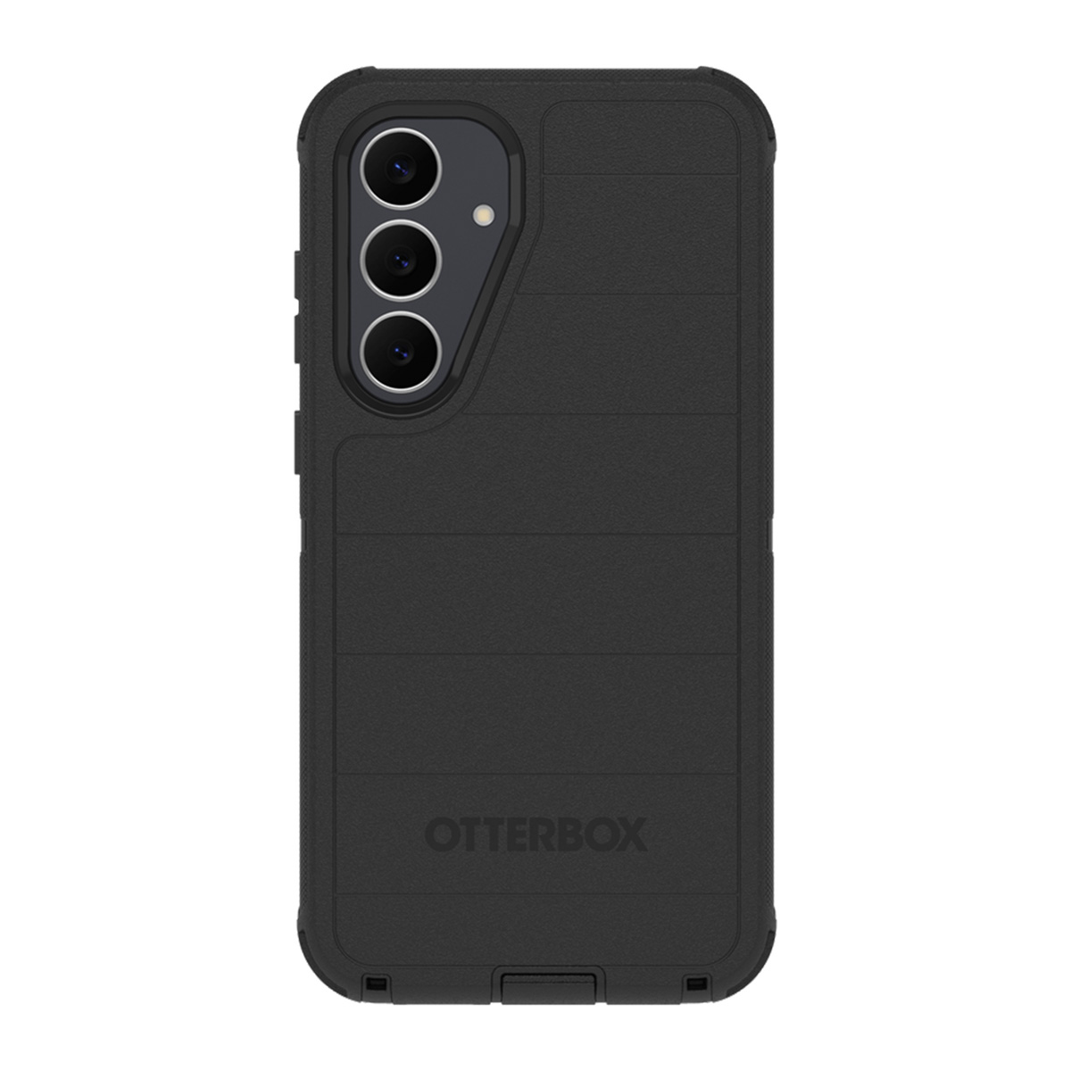 Une coque de téléphone noire avec trois objectifs d'appareil photo et le logo Otterbox. La coque a une texture nervurée et un design robuste.
