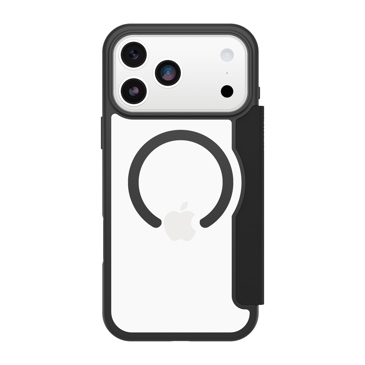 Een iPhone met een zwarte hoes. De hoes heeft een kaarthouder. De achterkant heeft een Apple-logo en een magnetische ring.