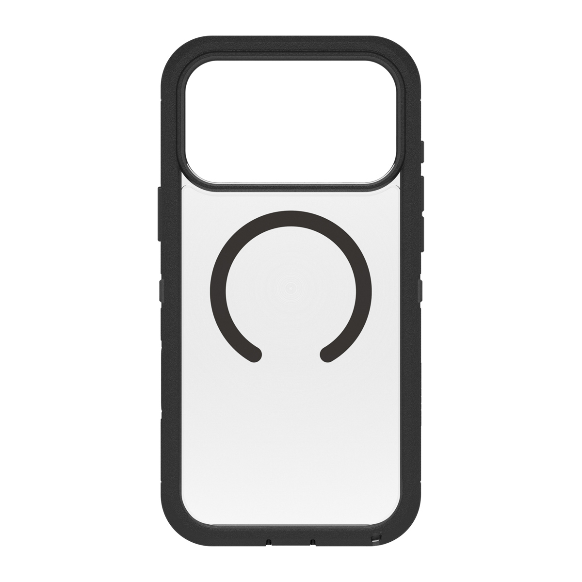 Een doorzichtige telefoonhoes met een zwart frame. Het heeft een grote uitsparing voor de camera bovenaan en een zwart cirkelvormig ontwerp in het midden.