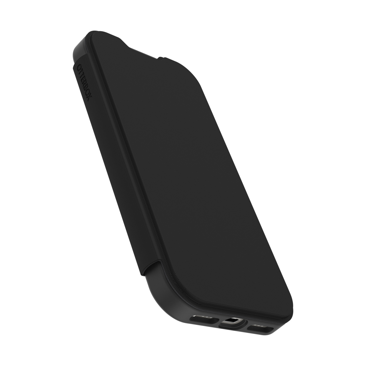 Een zwarte Otterbox telefoonhoes wordt in een hoek getoond. De hoes heeft een textuuroppervlak en een scharnierende klep. De achtergrond is wit.