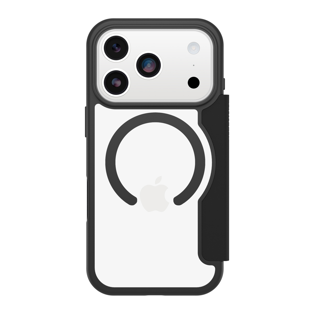 Een iPhone-hoesje met een zwart frame en een witte achterkant. De hoes heeft een magnetisch ringontwerp en een Apple-logo. De camera is zichtbaar.