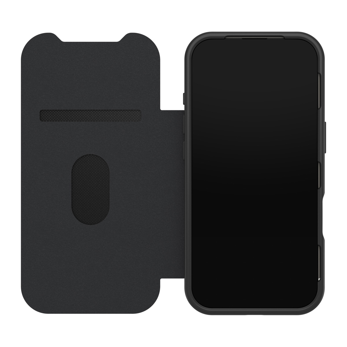 Een open zwarte telefoonhoes, die een telefoonscherm onthult. De hoes heeft een kaartsleuf en een getextureerd oppervlak.