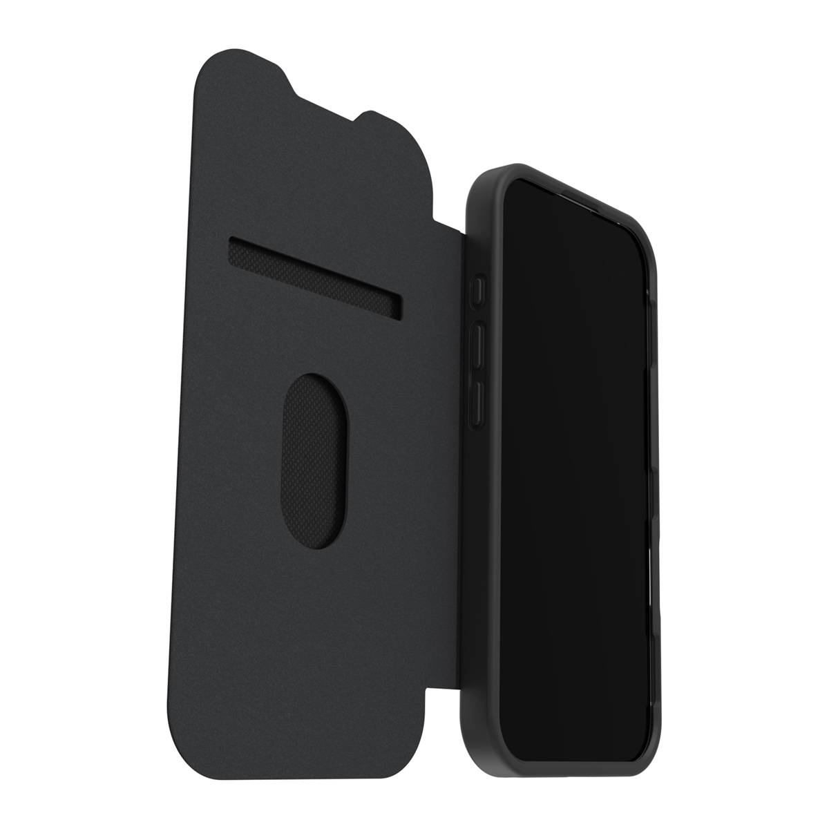 Un téléphone noir est dans un étui noir, ouvert. L'étui a une fente pour carte et une ouverture pour haut-parleur. Fond blanc.