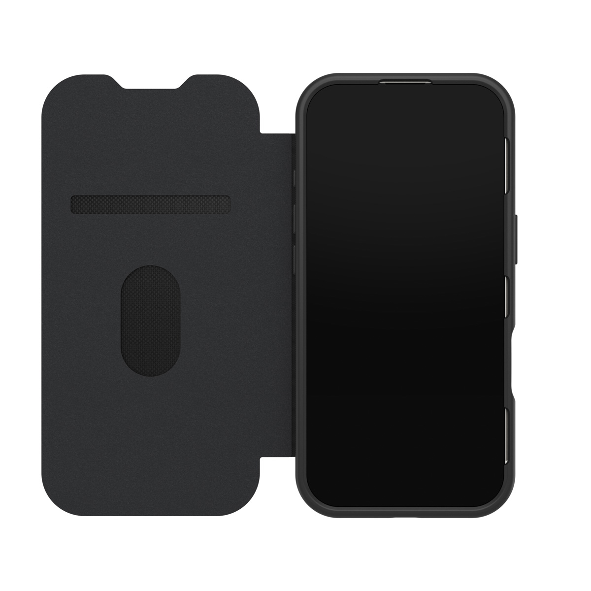 Étui de téléphone noir ouvert, affichant un écran de téléphone noir. L'étui a une fente pour carte et une finition texturée.