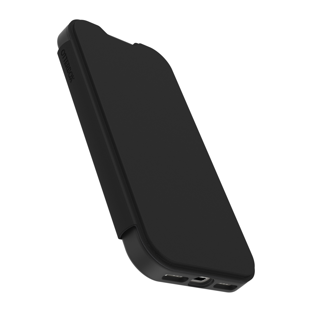 Un étui de téléphone Otterbox noir est incliné. L'étui est ouvert, montrant l'intérieur et les ports. Le fond est blanc.