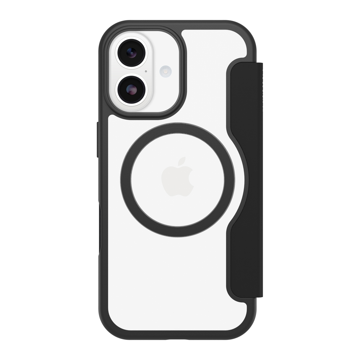 Une coque d'iPhone avec un cadre noir et un dos transparent. Elle possède un anneau MagSafe circulaire et un côté noir texturé.