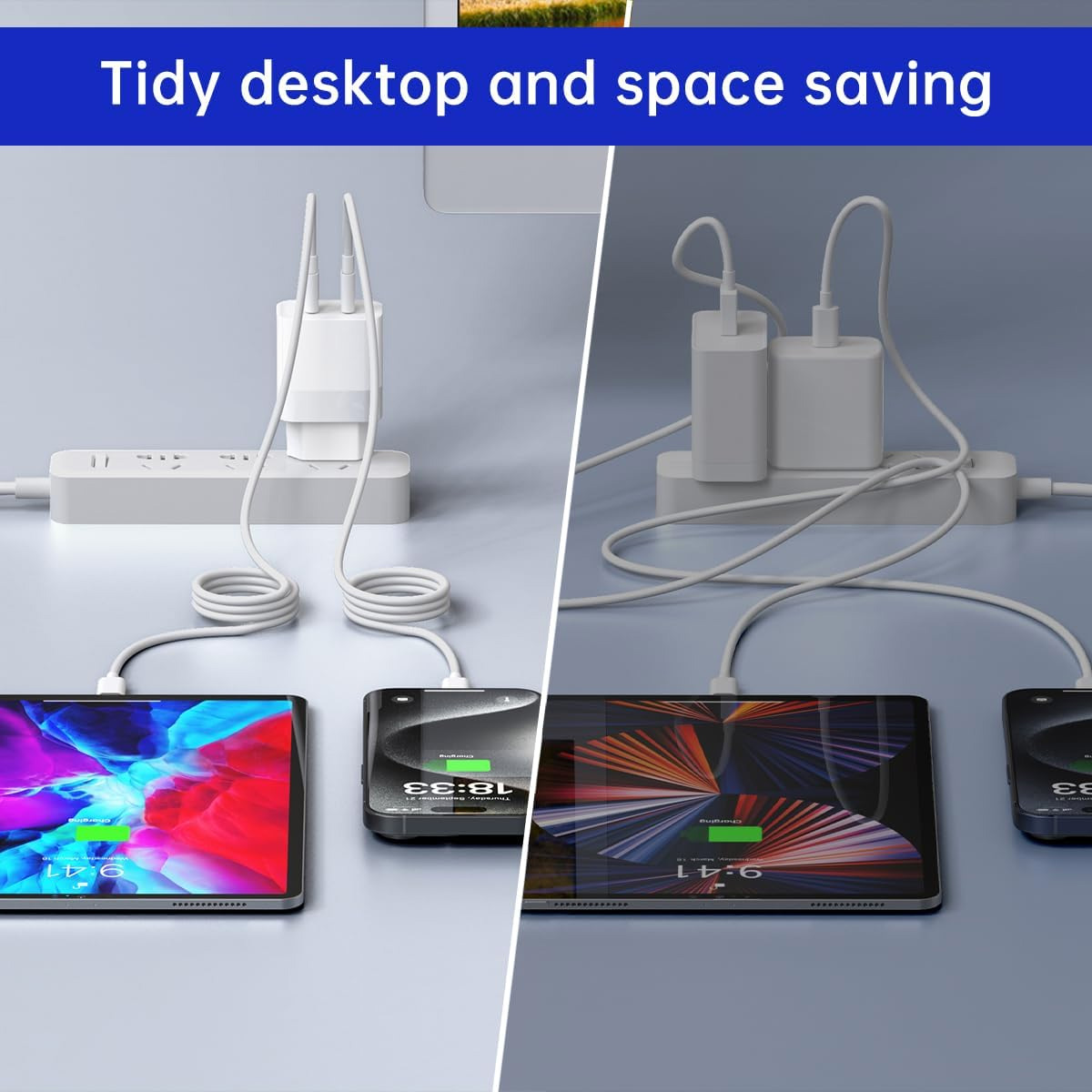 Das Bild zeigt einen Schreibtisch mit Tablets und Smartphones, die über weiße Steckdosenleisten aufgeladen werden. Kabel und Adapter sind sichtbar.