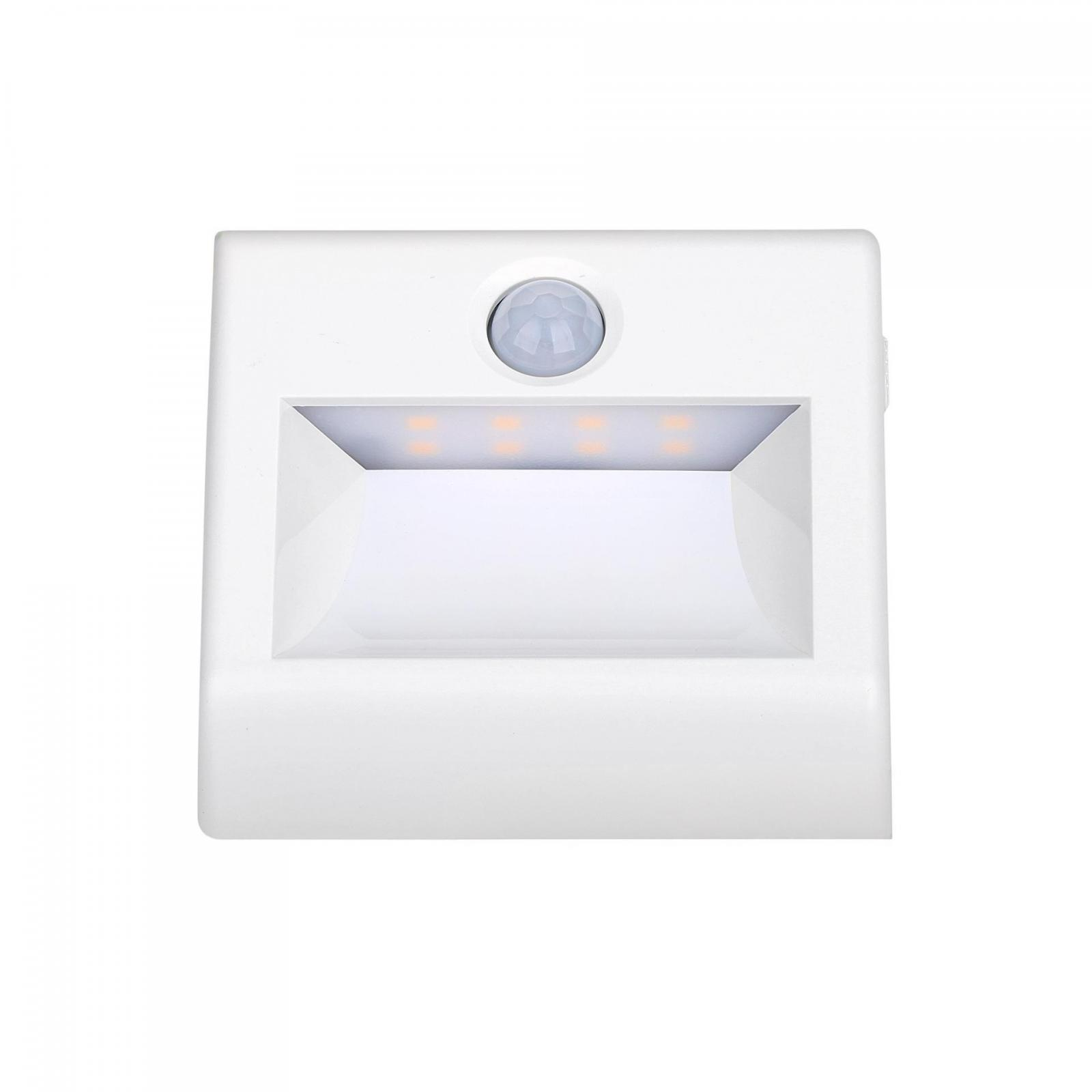 Weißes Stufenlicht mit Bewegungssensor. Es hat vier kleine Lichter und einen abgerundeten Sensor.