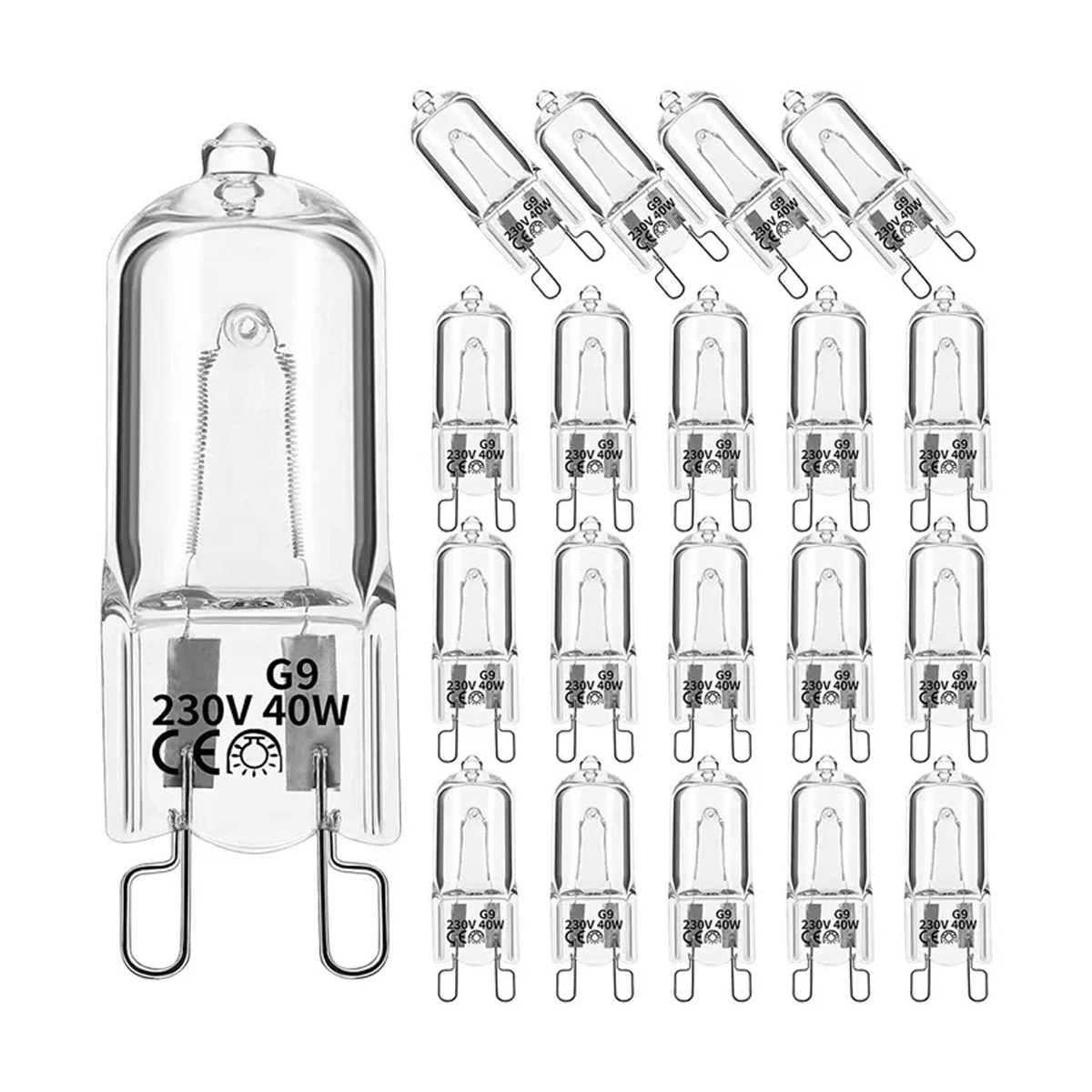 Eine Sammlung von G9 230V 40W Halogenlampen. Eine große Glühbirne und mehrere kleinere sind abgebildet, alle aus klarem Glas.