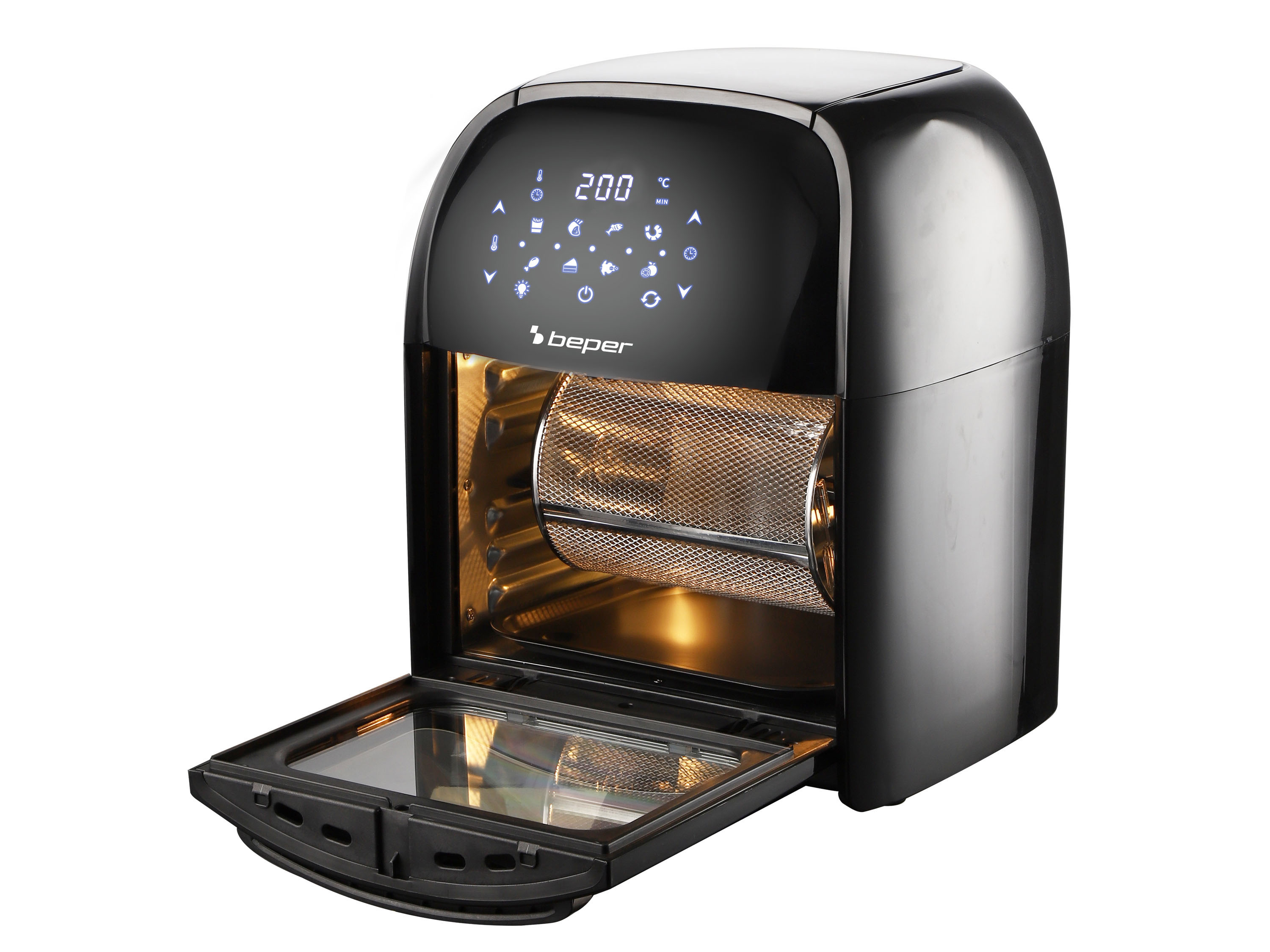 Friggitrice ad aria nera con sportello aperto. Ha un display digitale con 200 gradi. Un cestello rotante è visibile.