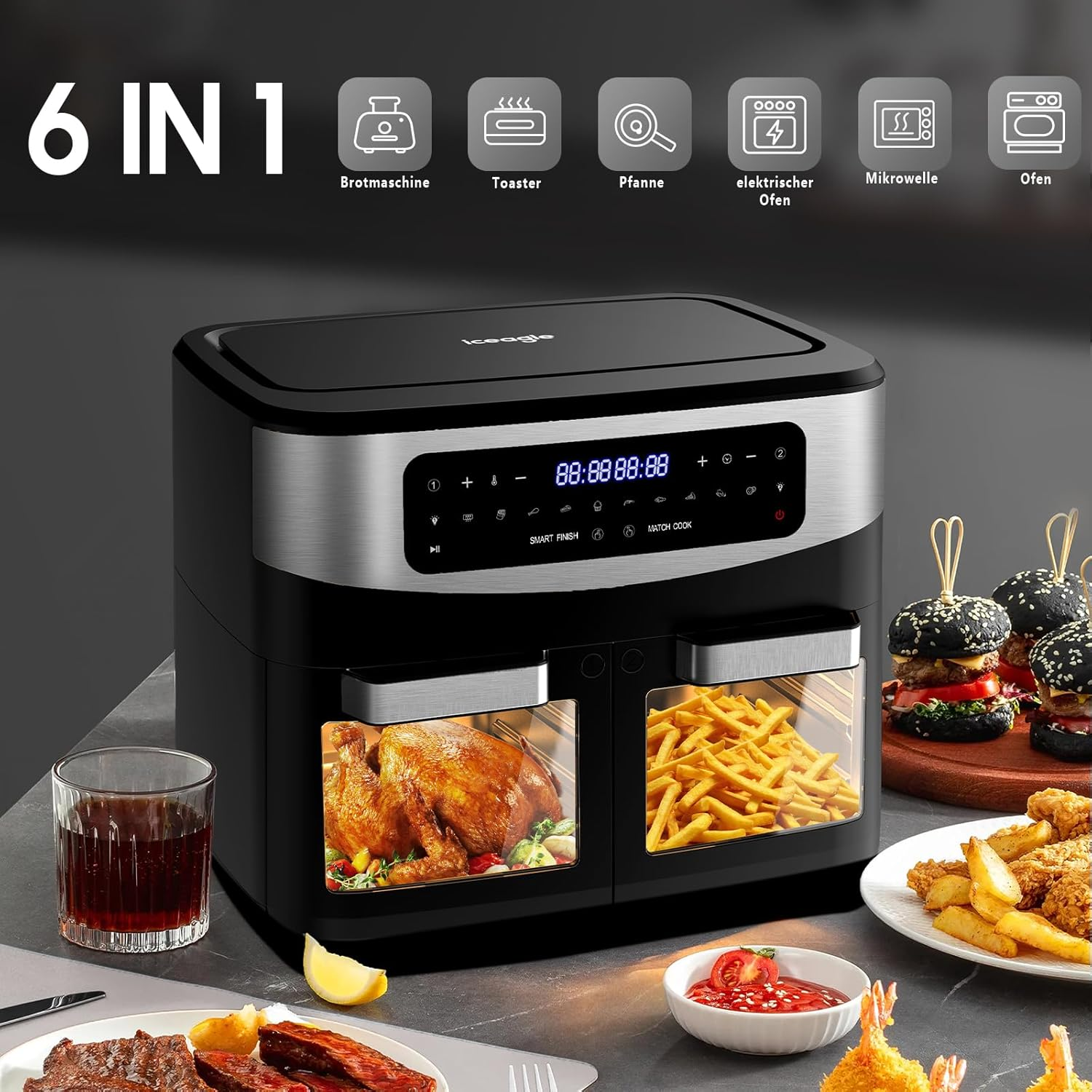 Ein schwarzer 6-in-1-Luftfritteuse mit Essen im Inneren, darunter Hähnchen und Pommes. Burger und andere Gerichte sind ebenfalls sichtbar.