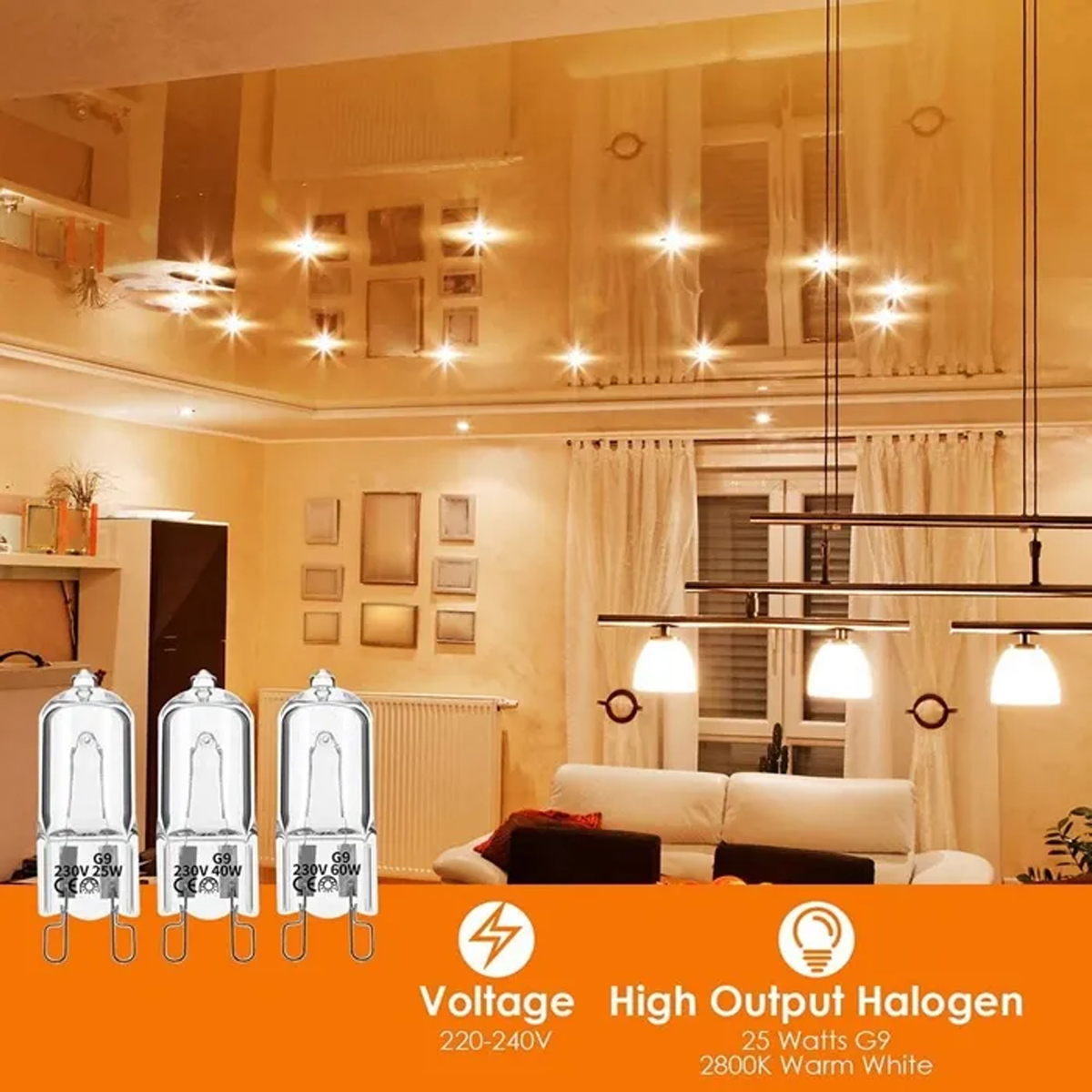 Drei G9-Halogenlampen werden vor einem Wohnzimmer mit Kronleuchter und Sofa gezeigt. Der Raum hat eine warme Atmosphäre.