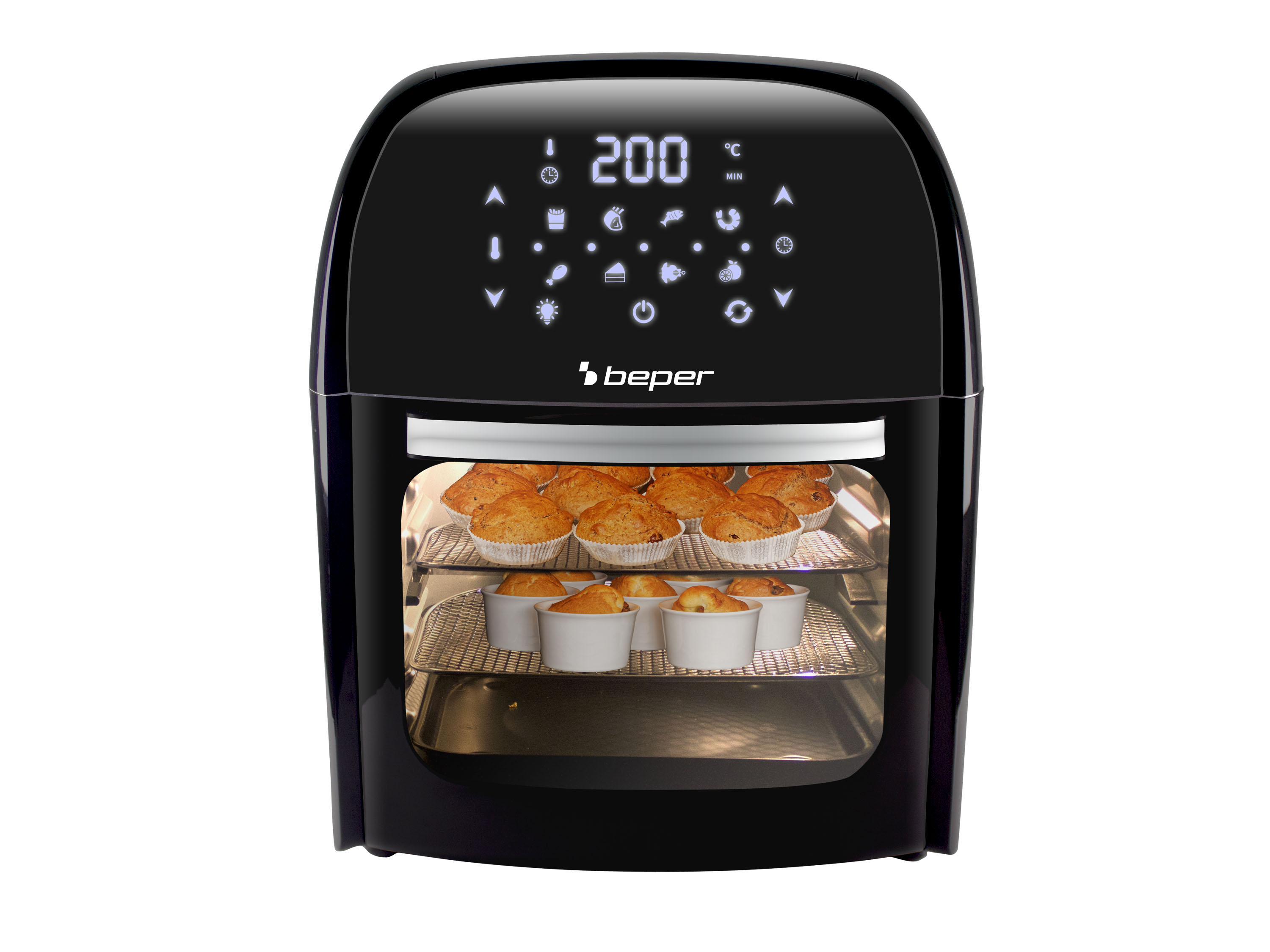 Friggitrice ad aria nera con display digitale a 200 gradi, cuoce muffin.