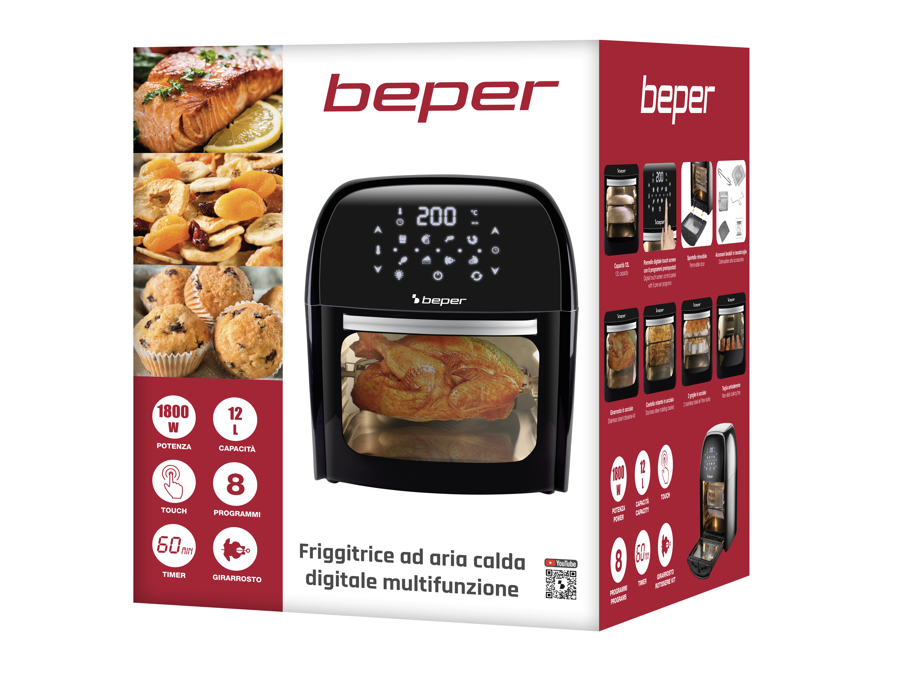Una friggitrice ad aria con cibo, pannello comandi e icone, con logo 'beper' su sfondo rosso.