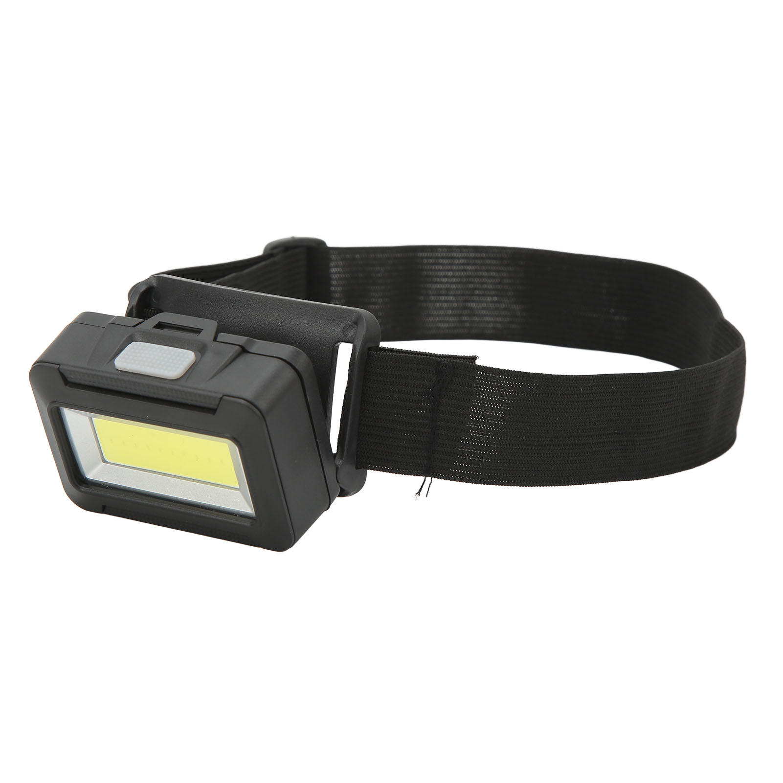 Schwarze Stirnlampe mit hellem Licht und verstellbarem schwarzen Riemen. Weißer Hintergrund.