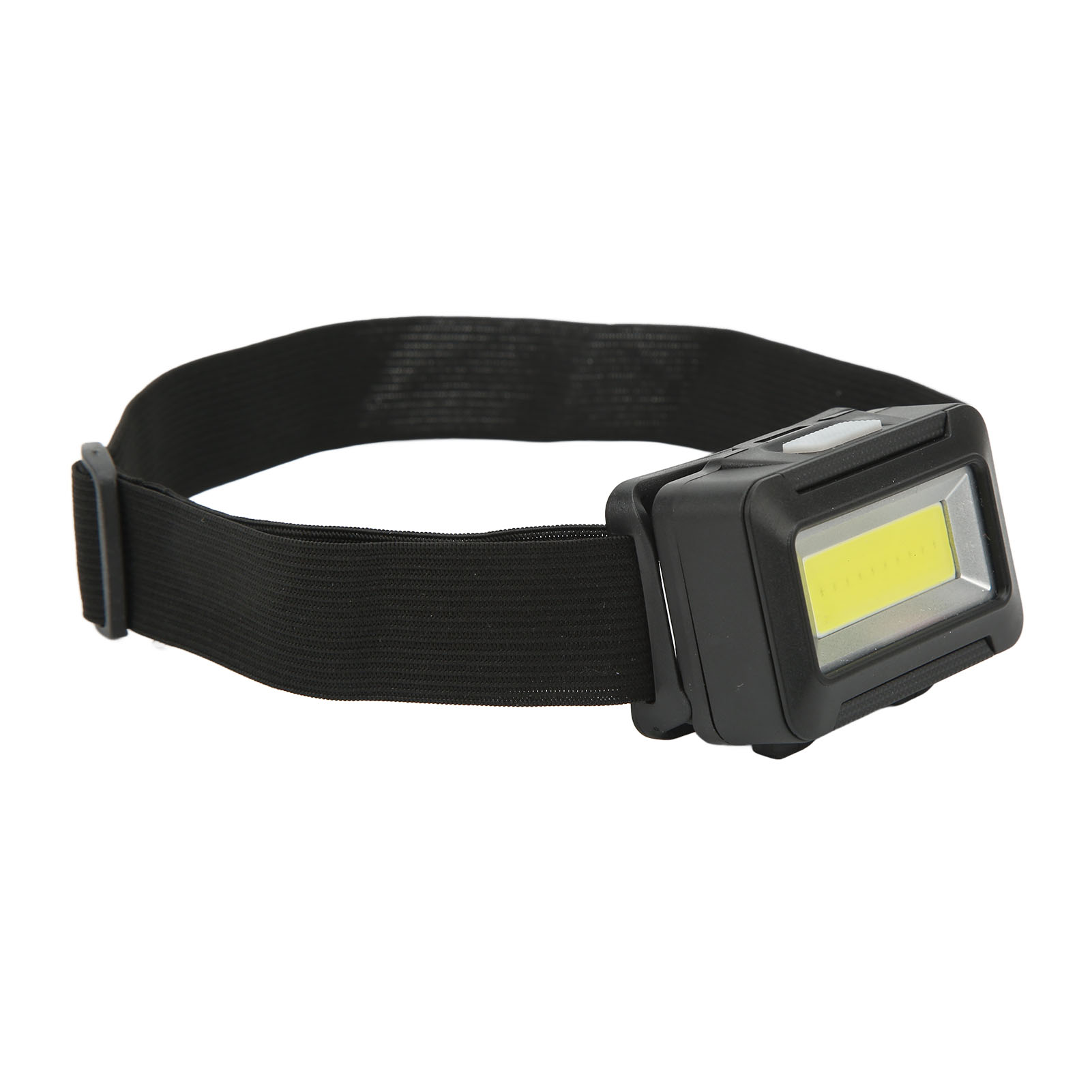 Eine schwarze Stirnlampe mit weißem Licht und einem verstellbaren schwarzen Riemen.