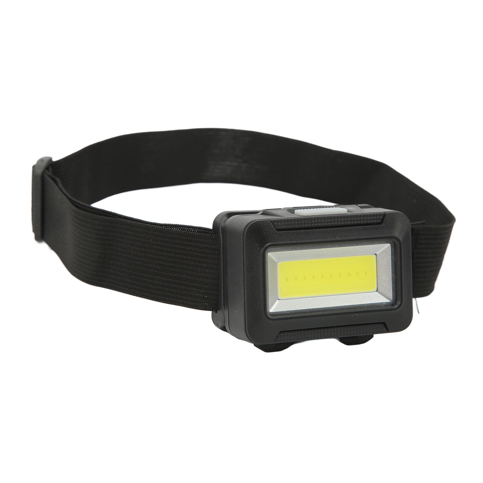 Eine schwarze Stirnlampe mit einem breiten schwarzen Riemen. Die Lampe hat ein weißes Licht und einen silbernen Rahmen.
