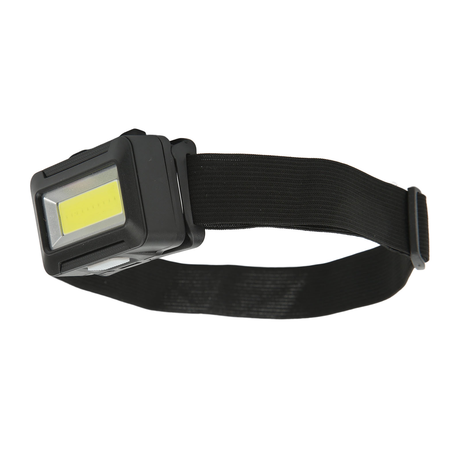 Eine schwarze Stirnlampe mit elastischem Band. Die Lampe hat ein hellgelbes Licht und einen weißen Knopf.