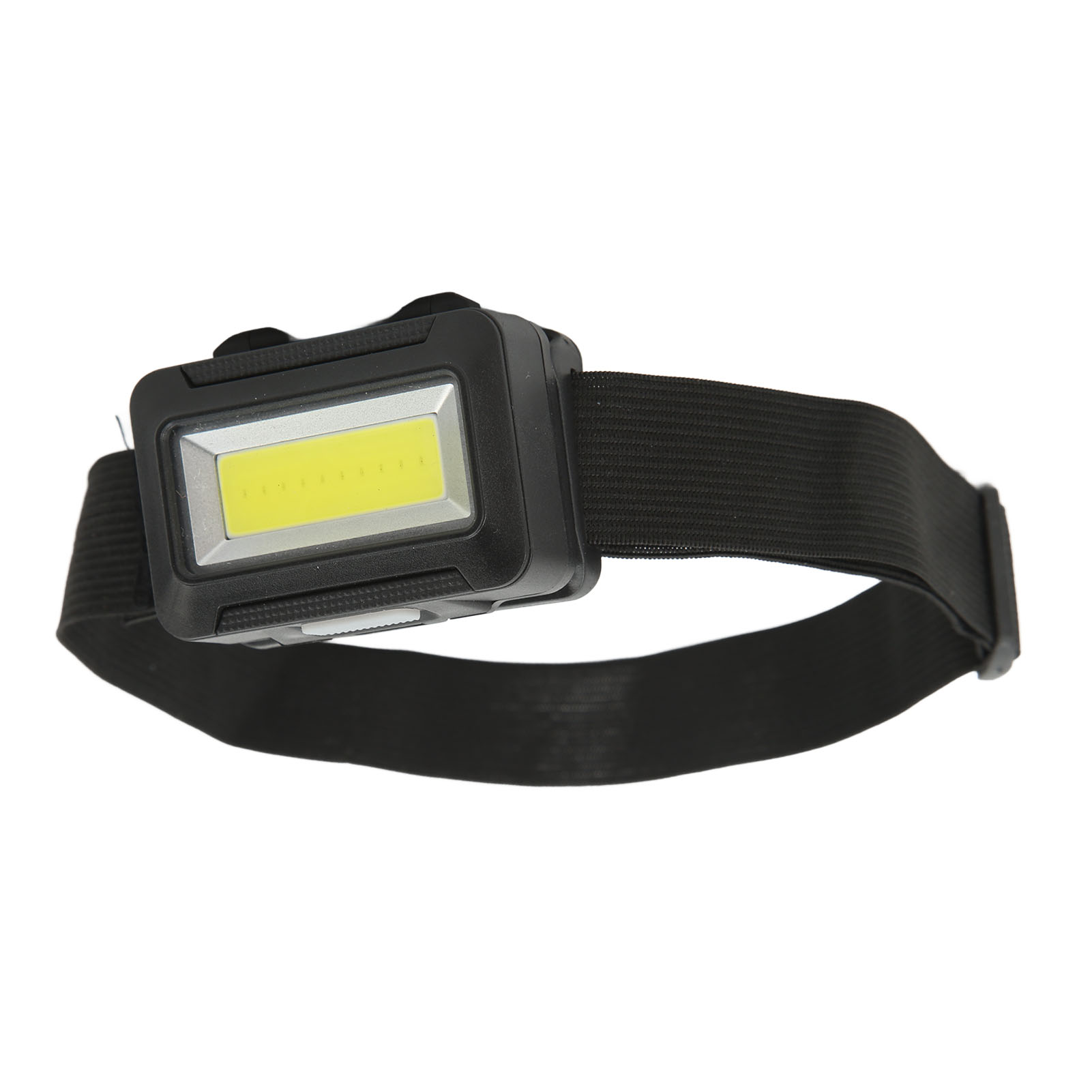 Eine schwarze Stirnlampe mit hellem Licht. Sie hat ein schwarzes Band und einen silbernen Rahmen um das Licht.