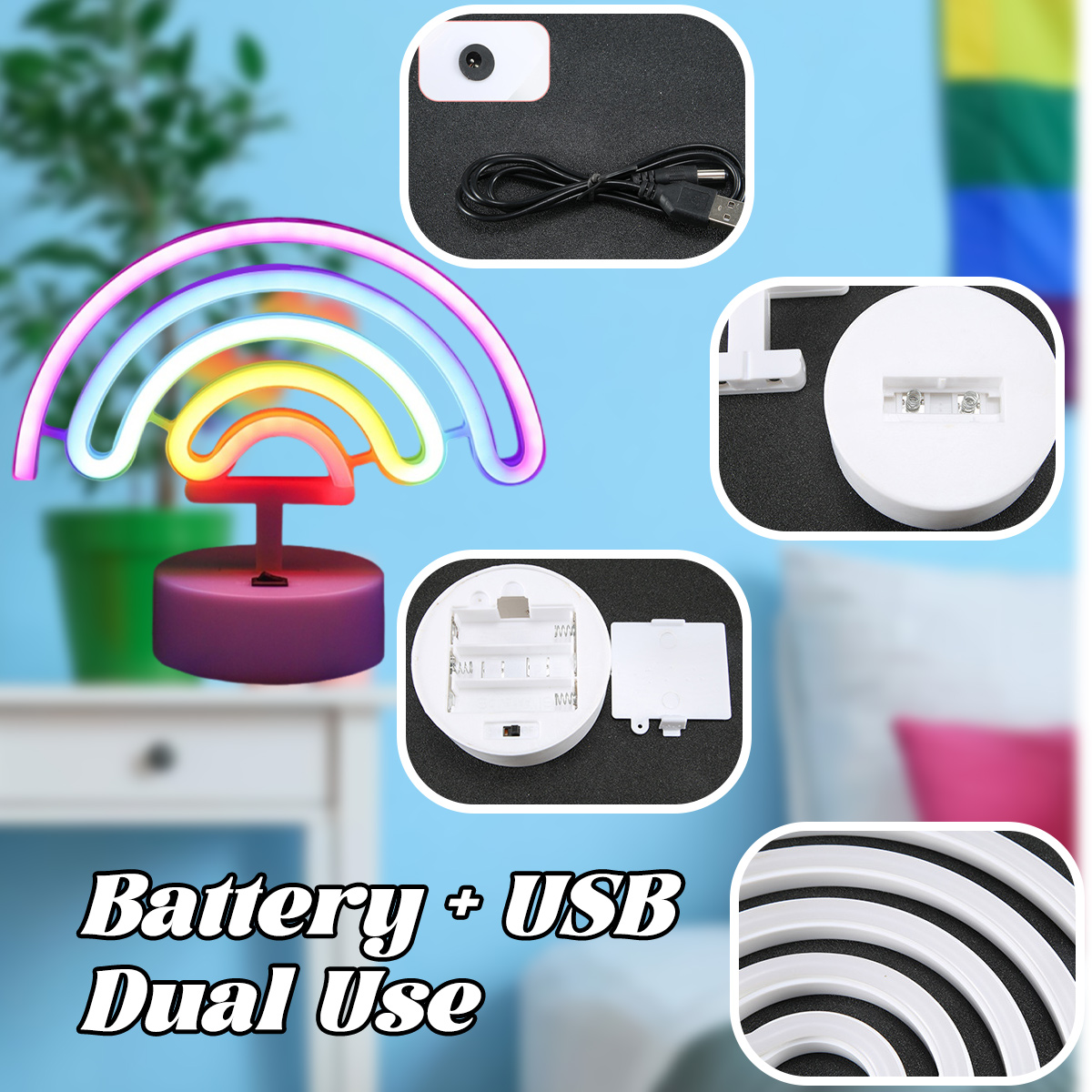 Regenbogen-LED-Lampe mit Batterie- und USB-Optionen. Enthält Nahaufnahmen von Komponenten und dem Sockel der Lampe, auch eine Regenbogenflagge.