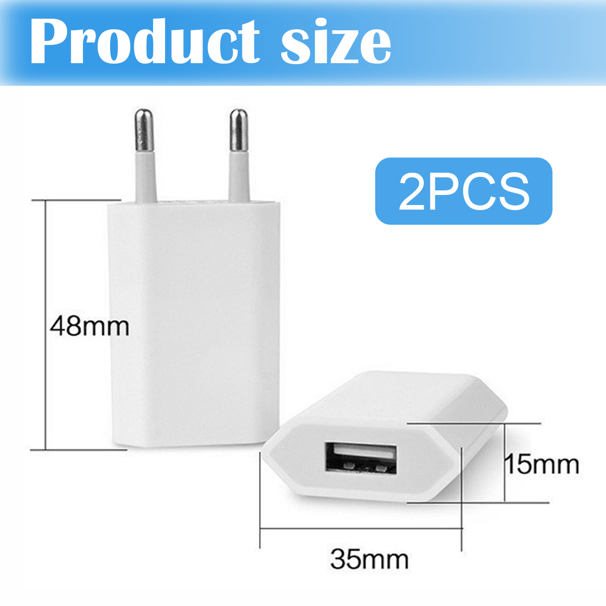 Zwei weiße USB-Ladegeräte mit Maßangaben: 48 mm, 35 mm und 15 mm. Ein blauer Kasten zeigt "2 STÜCK". Text oben lautet "Produktgröße".