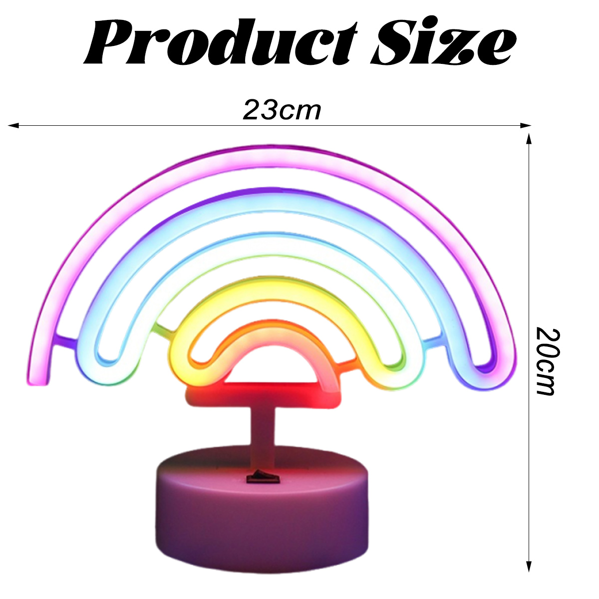 Eine regenbogenförmige LED-Lampe mit rosa Sockel. Abmessungen sind 23 cm breit und 20 cm hoch. Der Regenbogen strahlt verschiedene Farben aus.