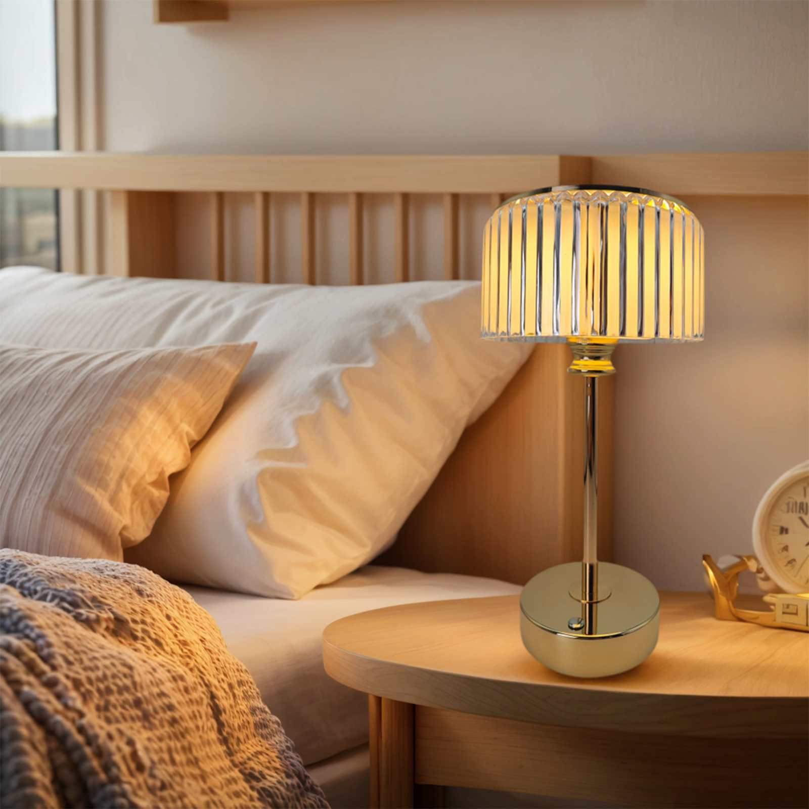 Eine Nachttischszene mit einer beleuchteten Lampe, Kissen und einem Holzbetthaupt. Die Lampe ist goldfarben, die Kissen sind weiß und beige.