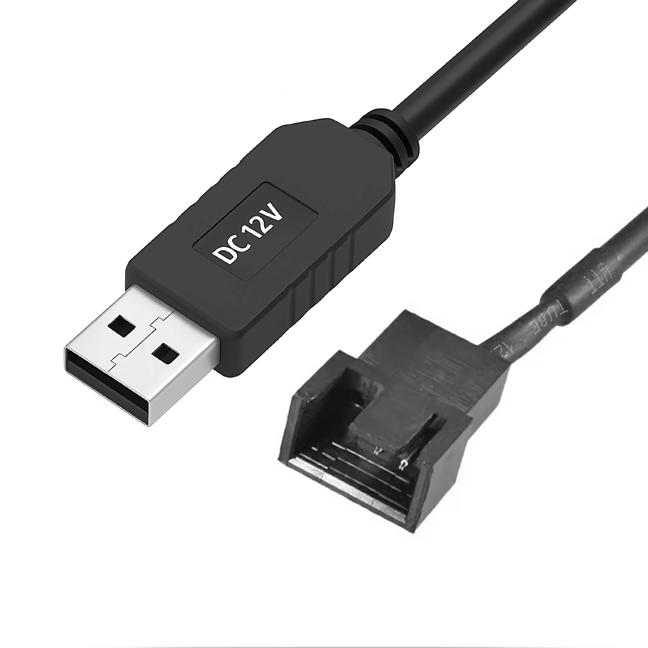 Schwarzes USB-Kabel mit DC 12V-Anschluss und schwarzem Stecker auf weißem Hintergrund.