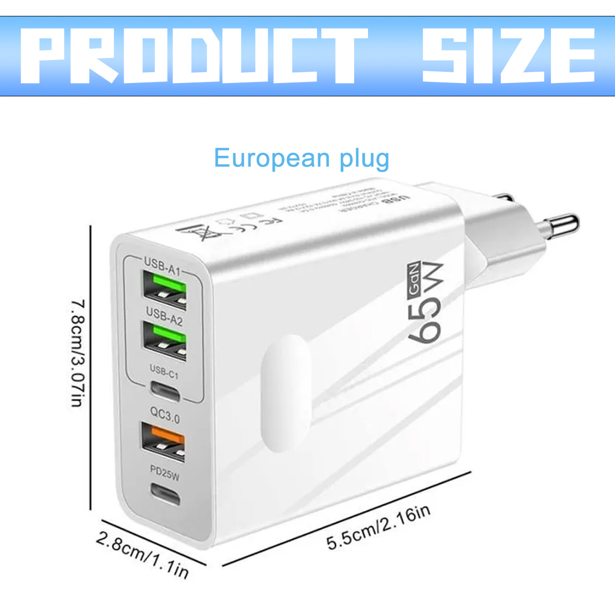 Ein weißes 65W GaN-Ladegerät mit Eurostecker, USB-A- und USB-C-Anschlüssen, mit Abmessungen in cm/Zoll.