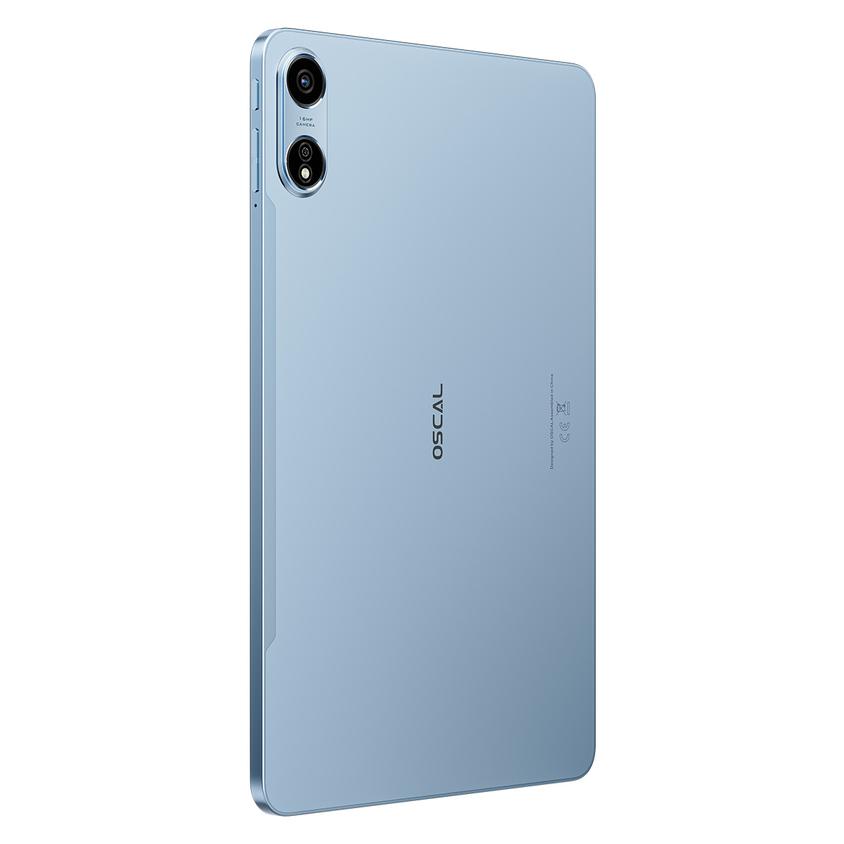 Ein hellblaues OSCAL-Tablet ist angewinkelt. Es hat zwei Kameras und das OSCAL-Logo. Auf der Rückseite steht, dass es in China entworfen wurde.