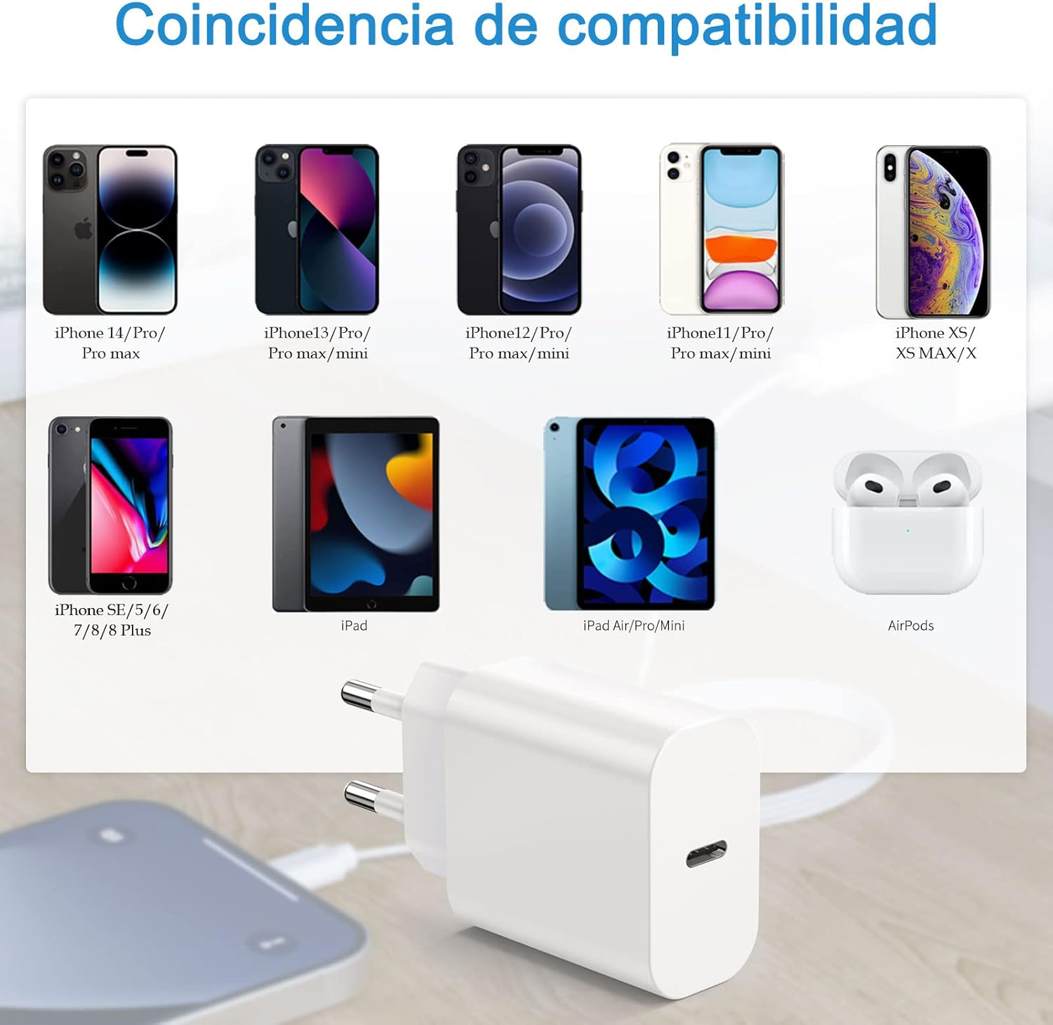 Das Bild zeigt Apple-Produkte: iPhones, iPads und AirPods. Im Vordergrund befindet sich ein weißes Ladegerät, darüber Text auf Spanisch.