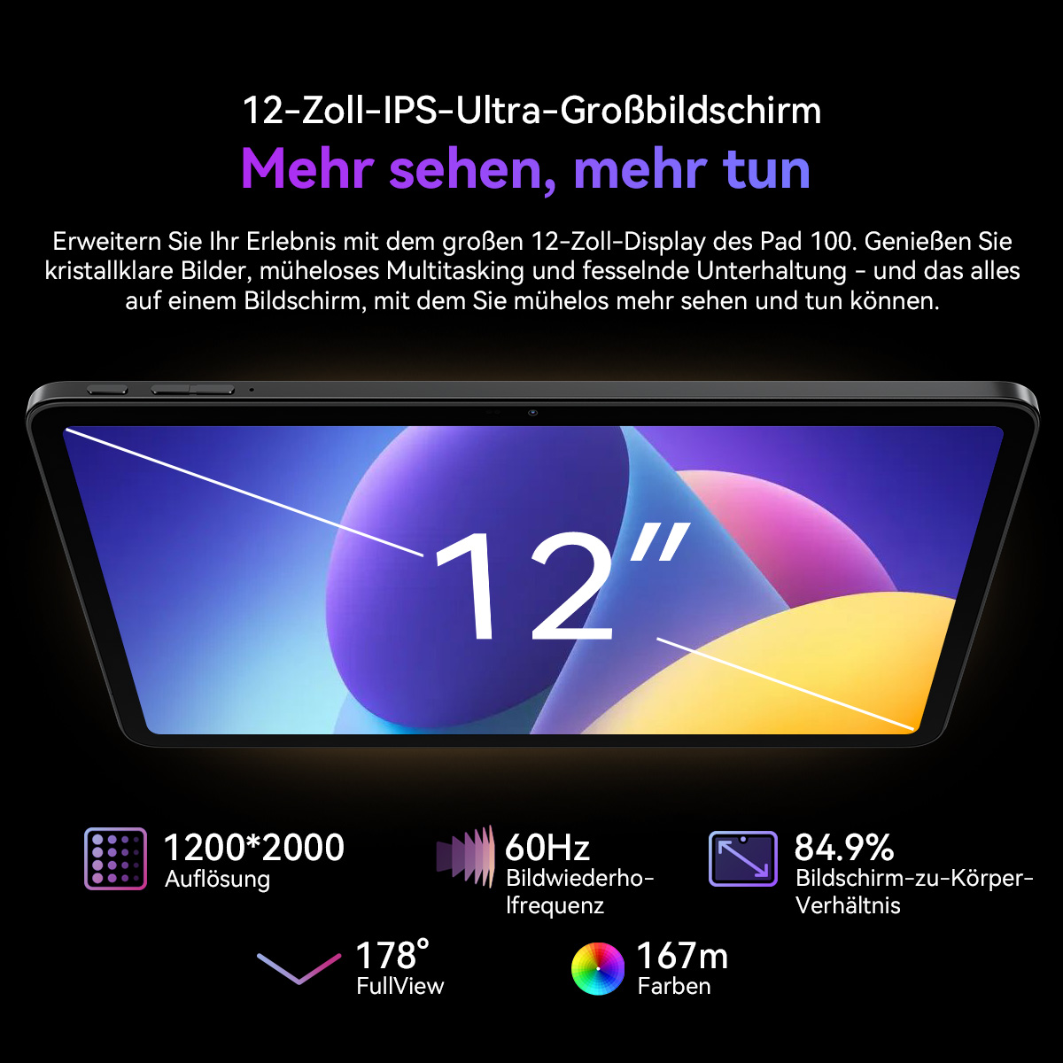 Tablet-Bildschirm mit '12"' und Spezifikationen: Auflösung, Bildwiederholfrequenz, Farbe und Bildschirm-zu-Körper-Verhältnis. Schwarzer Hintergrund.