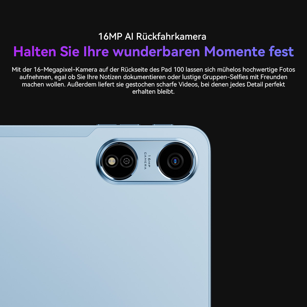 Die Kameraeinstellungen eines Tablets werden gezeigt. Es hat zwei Objektive und der Text '16MP Kamera' ist sichtbar.