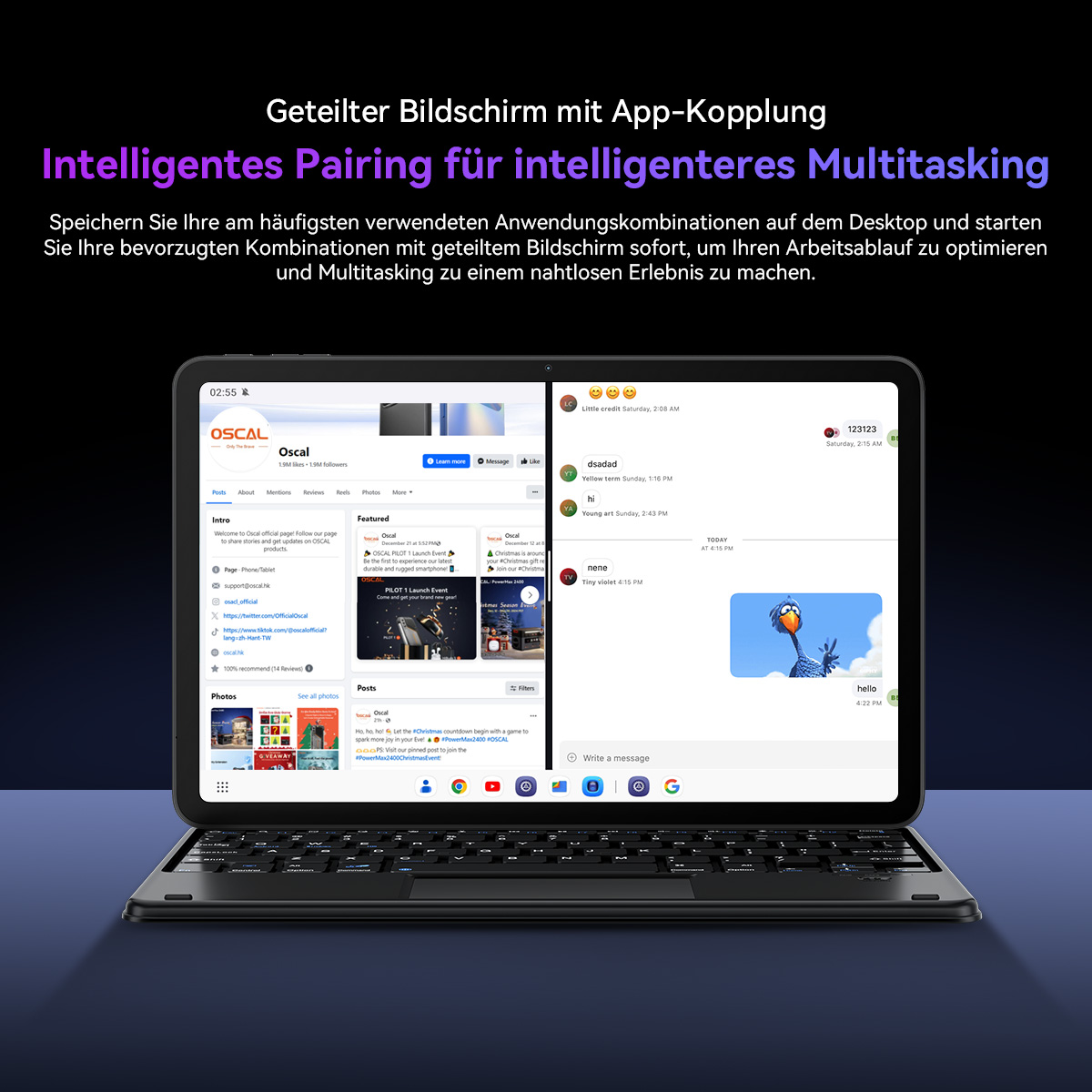 Tablet mit Tastatur, zeigt Facebook und ein Chatfenster. Text sagt 'Intelligentes Pairing'.