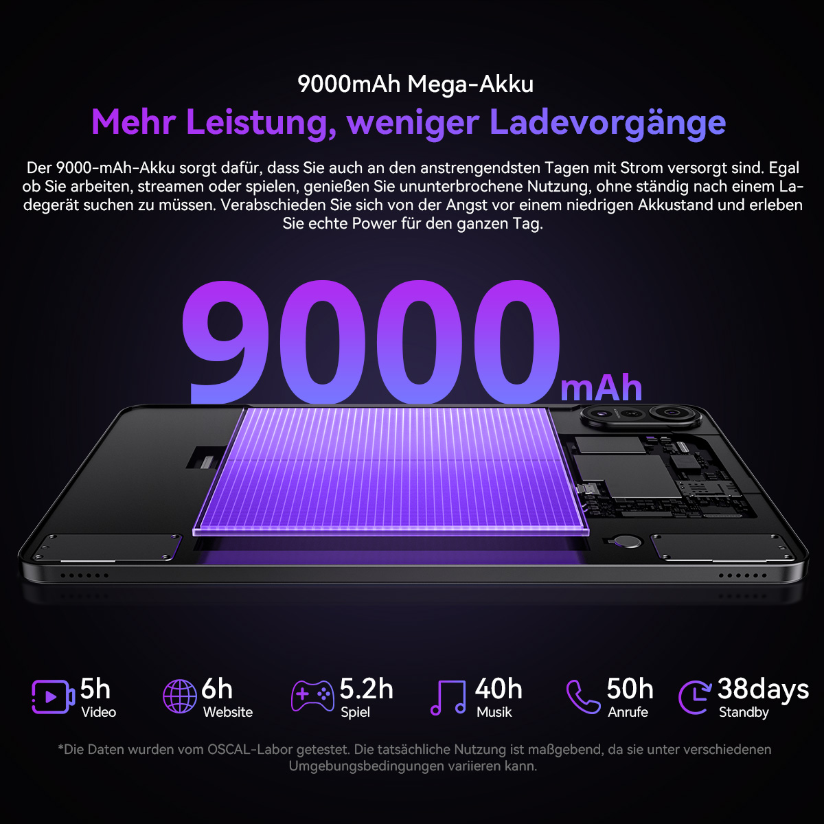 Ein Telefon wird mit einer großen Akku-Grafik gezeigt. Text hebt 9000mAh hervor und erwähnt Video-, Website-, Spiele-, Musik-, Anruf- und Standby-Zeiten.