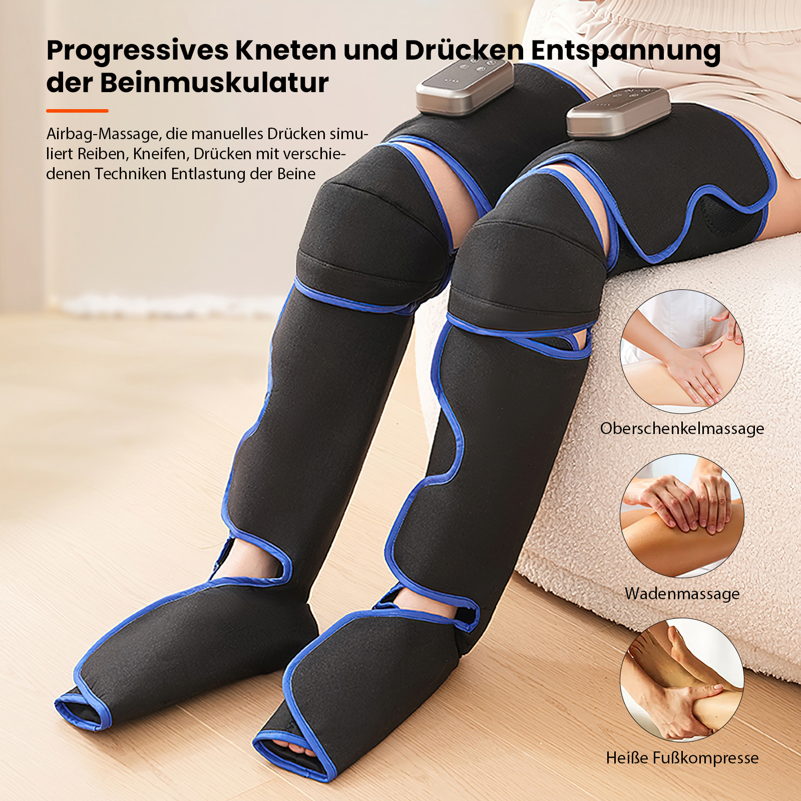 Beinmassagegerät mit schwarzen und blauen Bandagen, Fernbedienungen und Beispielen für Massagetechniken.