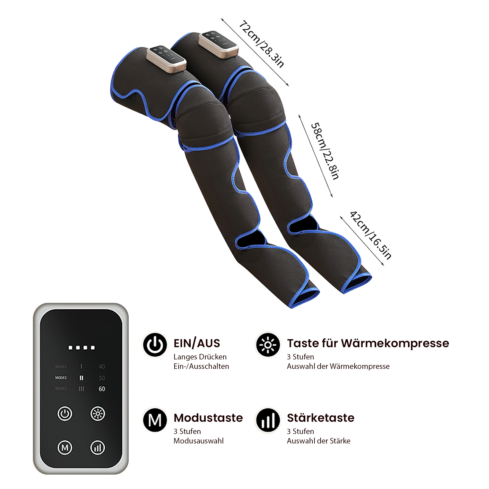 Das Bild zeigt schwarze Knie-Massagegeräte mit blauen Zierleisten und einem Bedienfeld. Abmessungen sind angegeben. Text beschreibt Knöpfe und Funktionen.