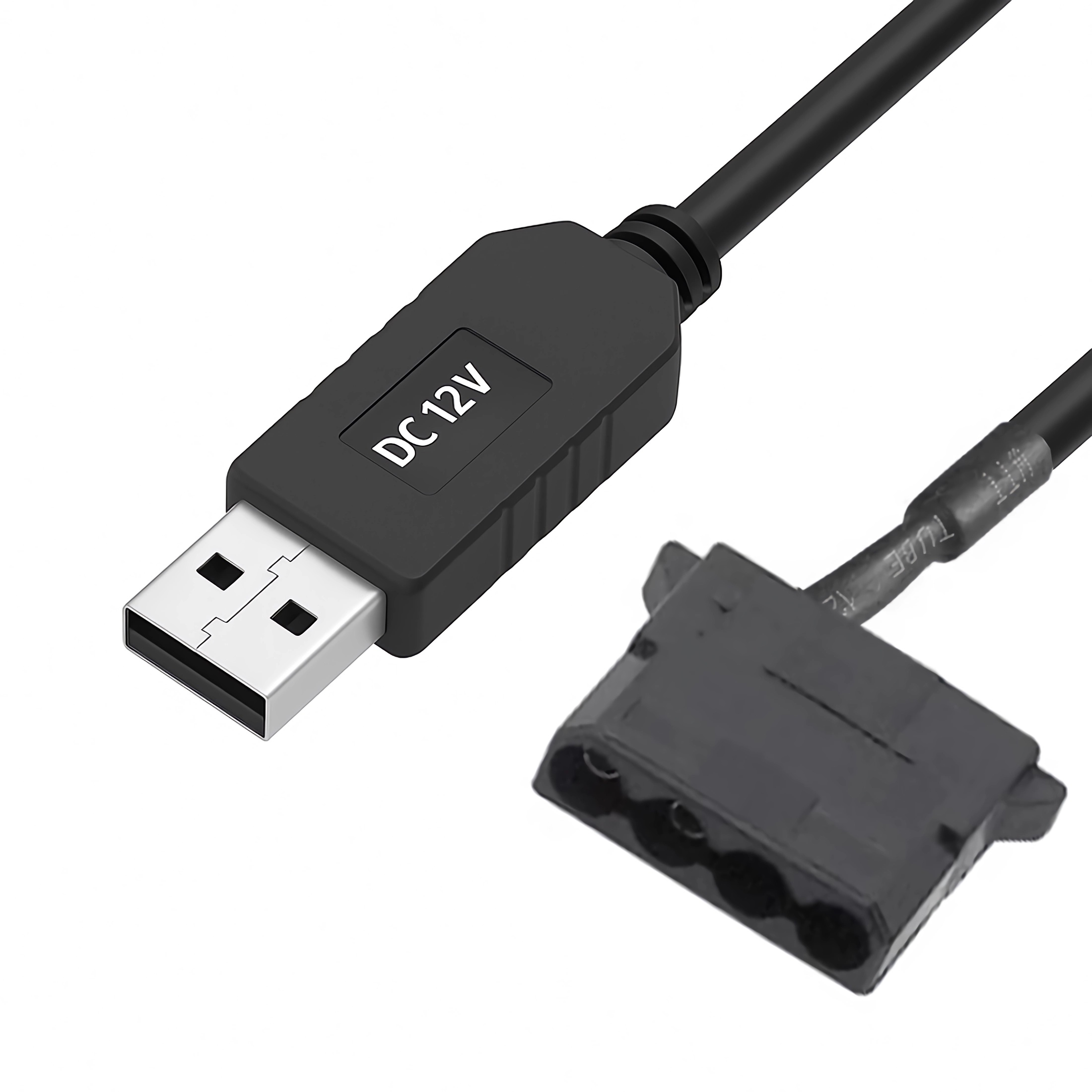 Schwarzes USB-auf-3-Pin-Lüfter-Stromadapterkabel. Verfügt über einen USB-Anschluss, ein DC-12V-Etikett und einen 3-Pin-Anschluss.