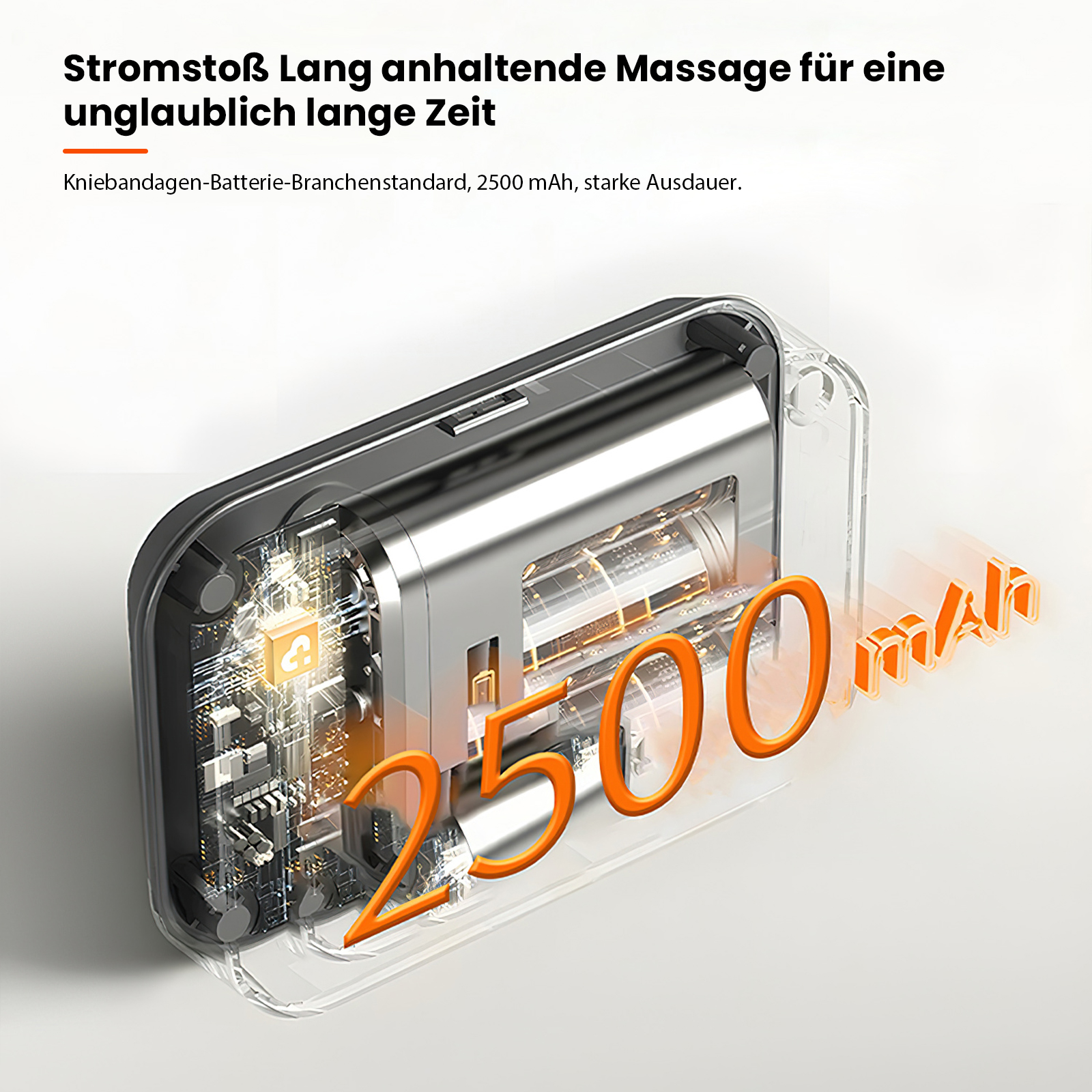 Anatomie eines Geräts, transparentes Gehäuse mit Innenleben. Orangefarbener Text '2500 mAh'. Schwarze und silberne Komponenten.