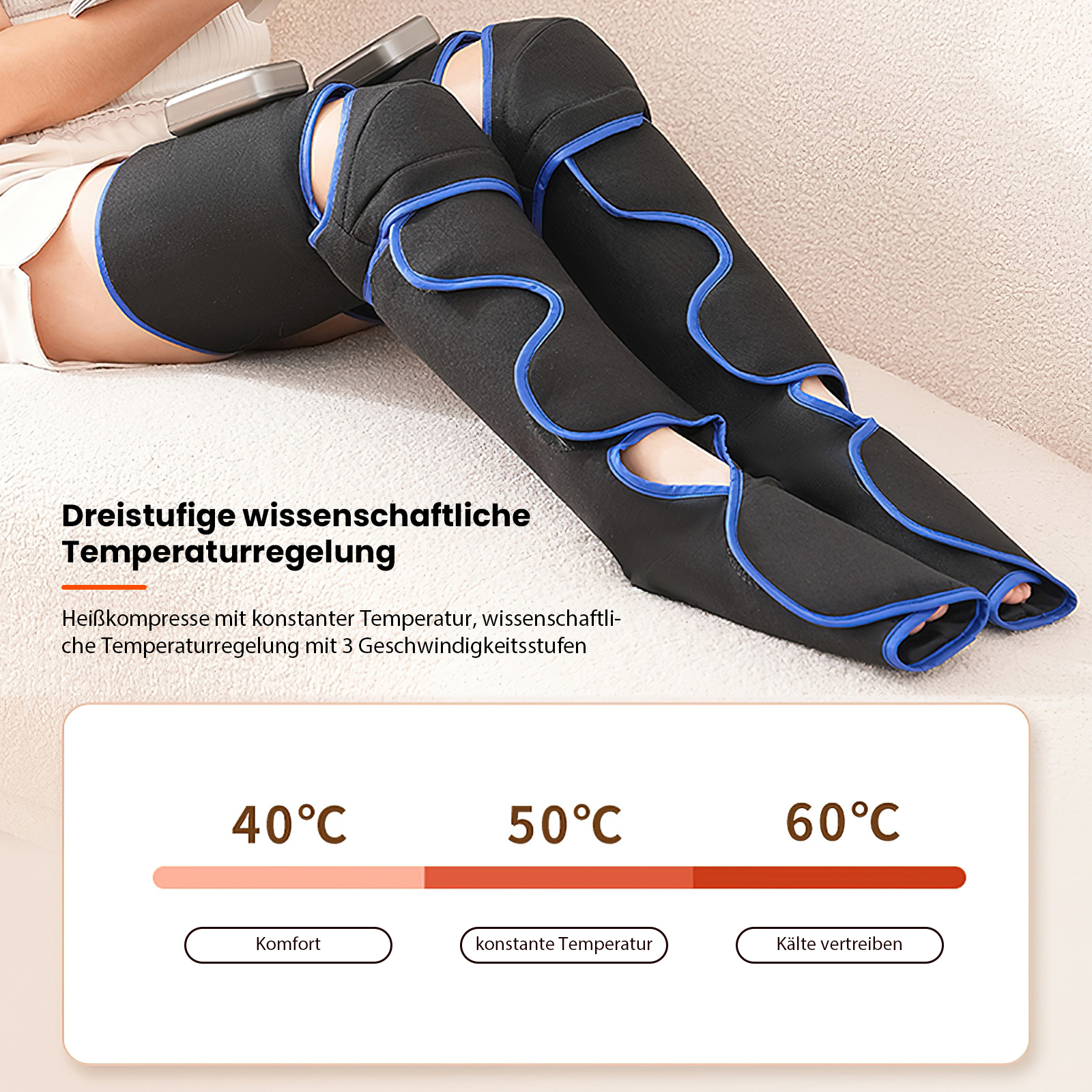 Person trägt schwarze Beinwickel mit blauer Einfassung und liegt. Text zeigt Temperatureinstellungen von 40°C bis 60°C.
