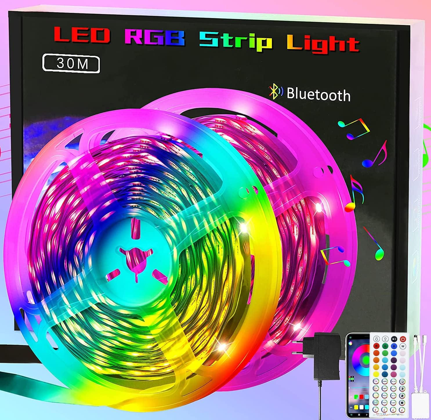 LED RGB-Streifenlicht mit 30M, Bluetooth und Fernbedienung. Bunter Lichtstreifen auf schwarzem Hintergrund mit einer Box.