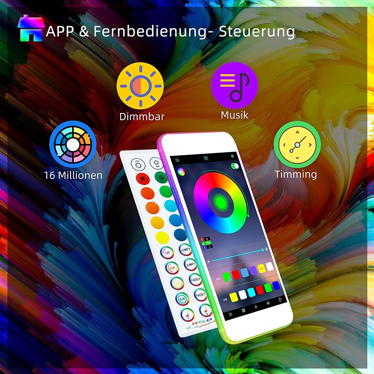 Das Bild zeigt ein Smartphone und eine Fernbedienung für LED-Leuchten. Verschiedene Symbole und Farboptionen werden mit farbenfrohem Hintergrund angezeigt.