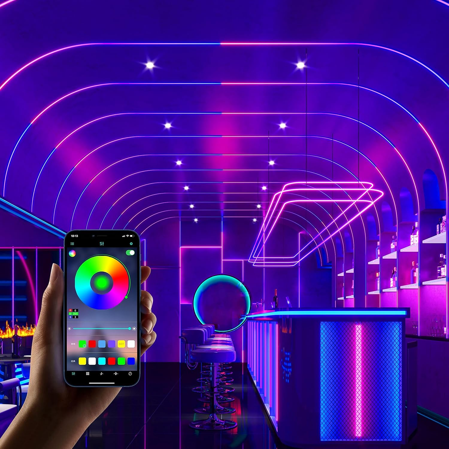 Eine Hand hält ein Telefon, das die Barbeleuchtung steuert. Die Bar hat Neonlichter. Die Szene ist futuristisch mit lila und blauen Farbtönen.