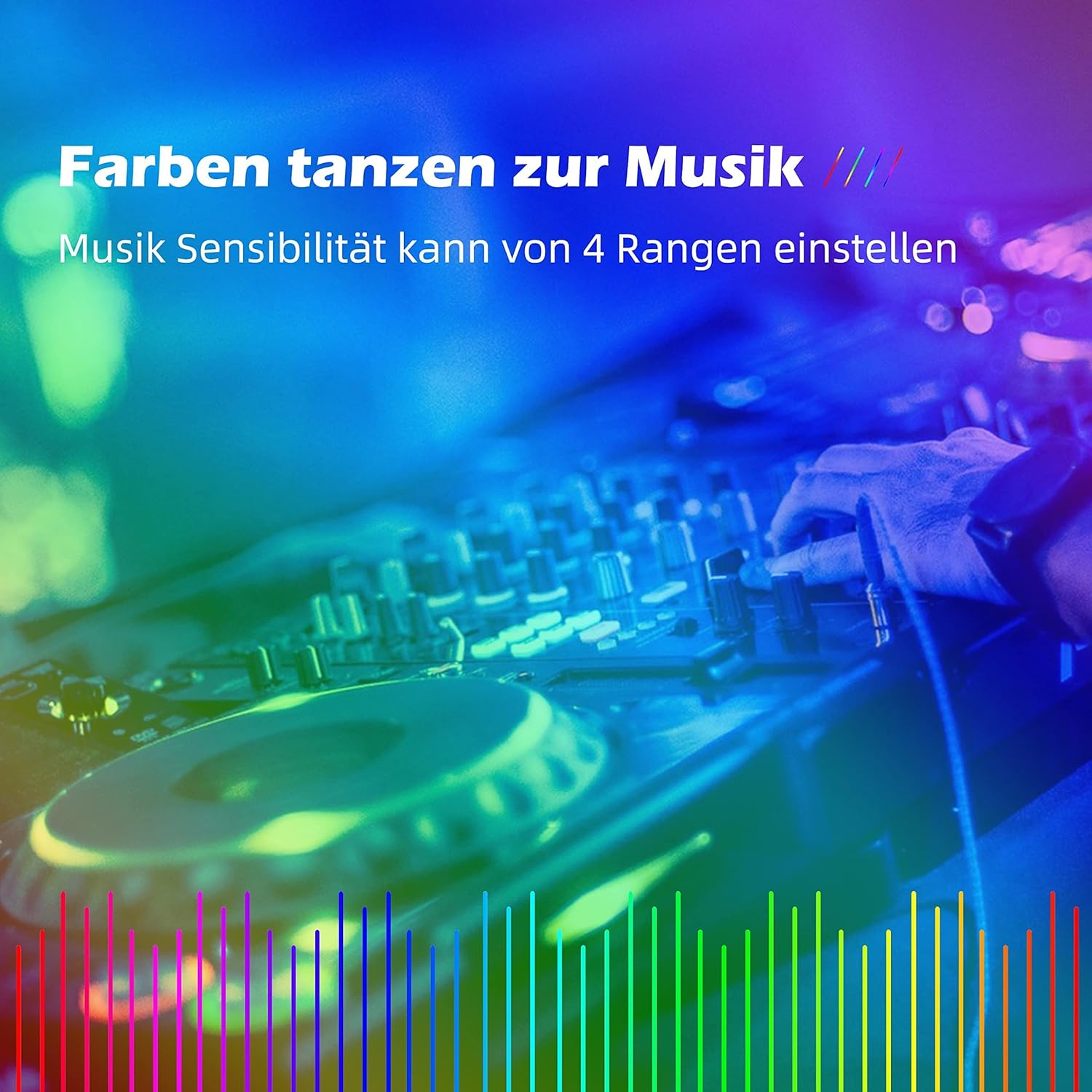 Ein DJ mischt Musik. Das Bild zeigt einen Mischpult mit bunten Lichtern. Text lautet 'Farben tanzen zur Musik'.