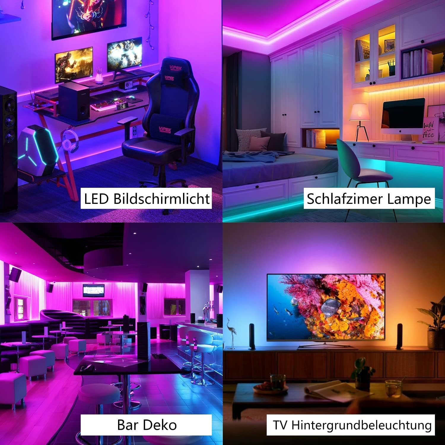 Bild mit vier Abschnitten: Gaming-Setup, Schlafzimmer mit Schreibtisch, Bar-Interieur und TV-Setup, alle mit LED-Beleuchtung.