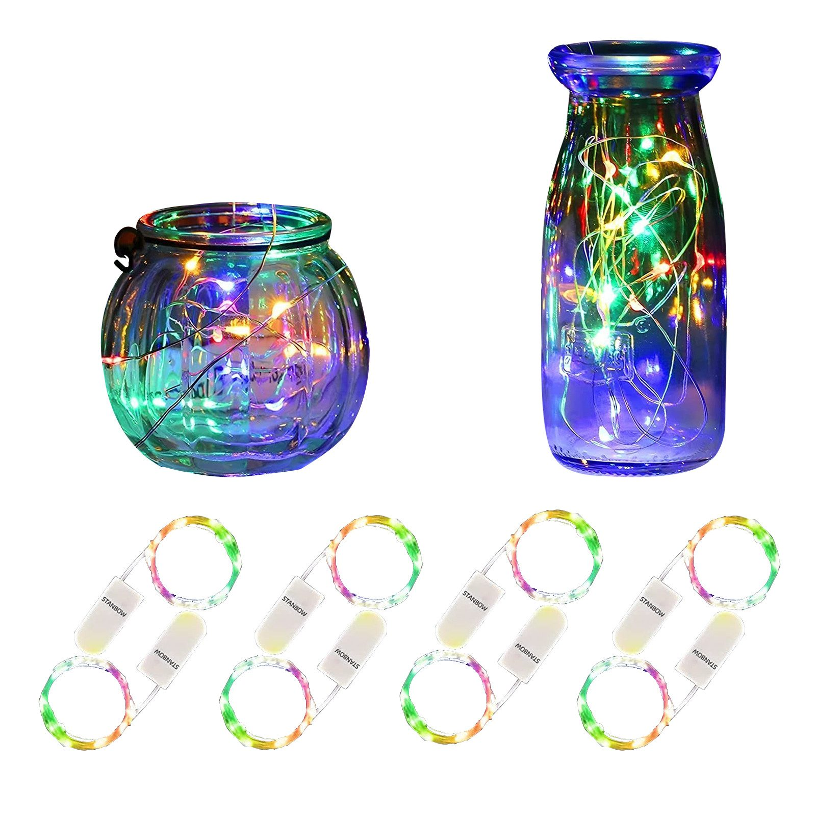 Zwei Glasgefäße mit Feenlichtern und sechs Sets von Regenbogen-LED-Lichterketten auf weißem Hintergrund.